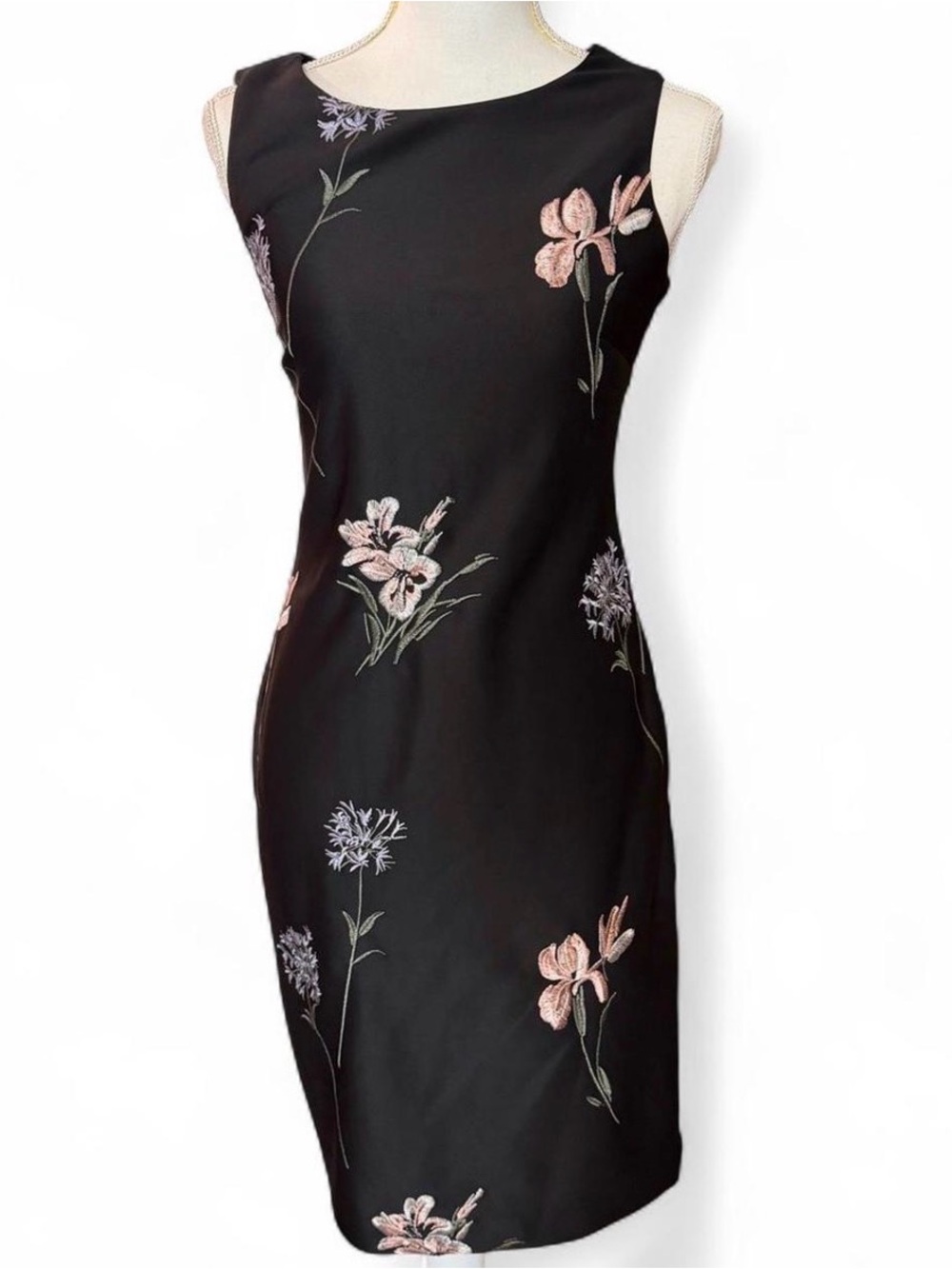 Calvin Klein Black Satin Embroidered Floral Sheath Midi Dress Size 4
